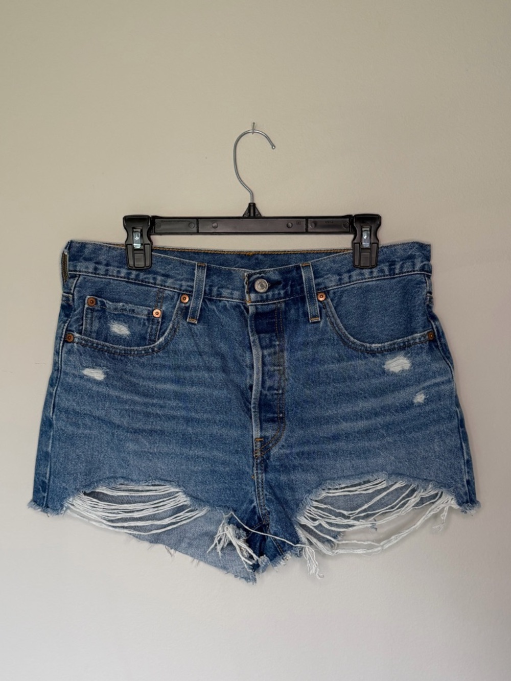 Levi's 501 Medium Blue Distressed  Denim Shorts